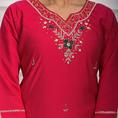 Traditional Roman Silk Red Kurta Set with Dupatta & Pajama
