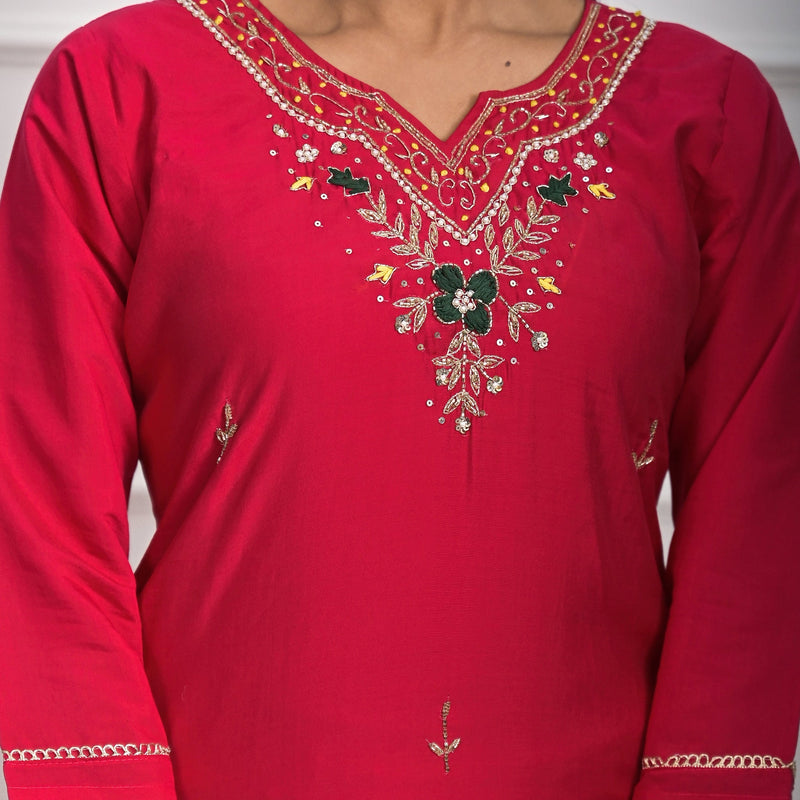 Traditional Roman Silk Red Kurta Set with Dupatta & Pajama