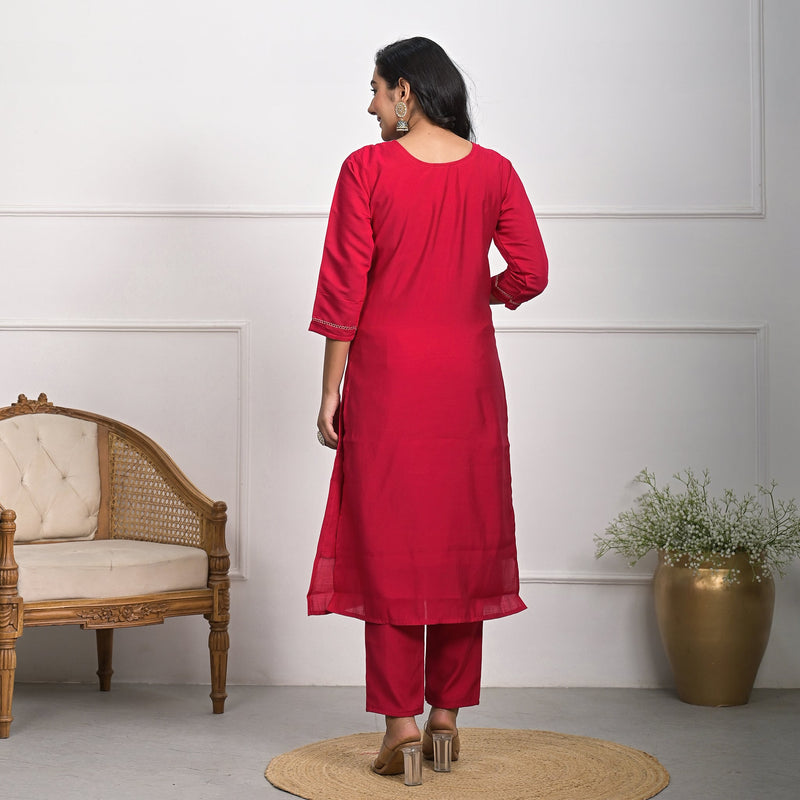 Traditional Roman Silk Red Kurta Set with Dupatta & Pajama