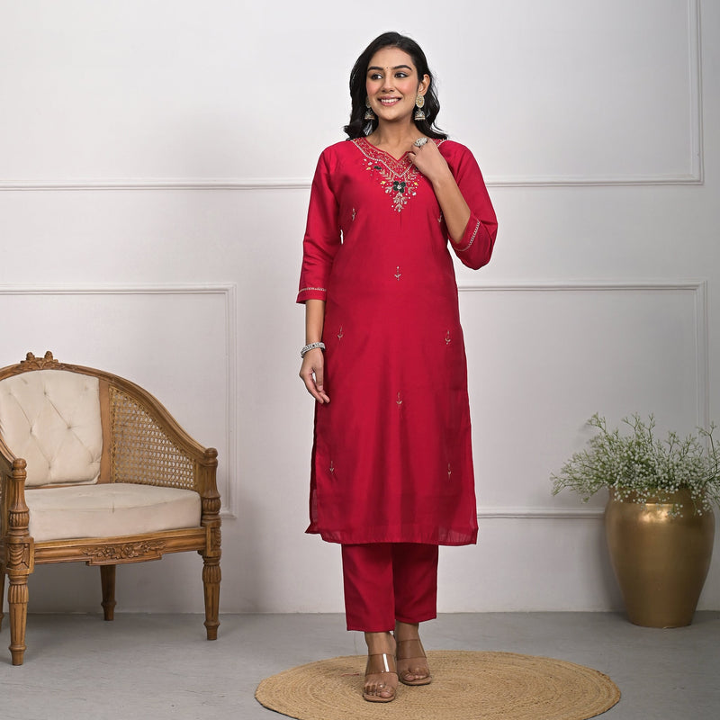 Traditional Roman Silk Red Kurta Set with Dupatta & Pajama