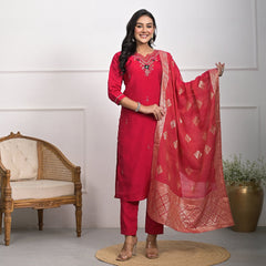 Traditional Roman Silk Red Kurta Set with Dupatta & Pajama