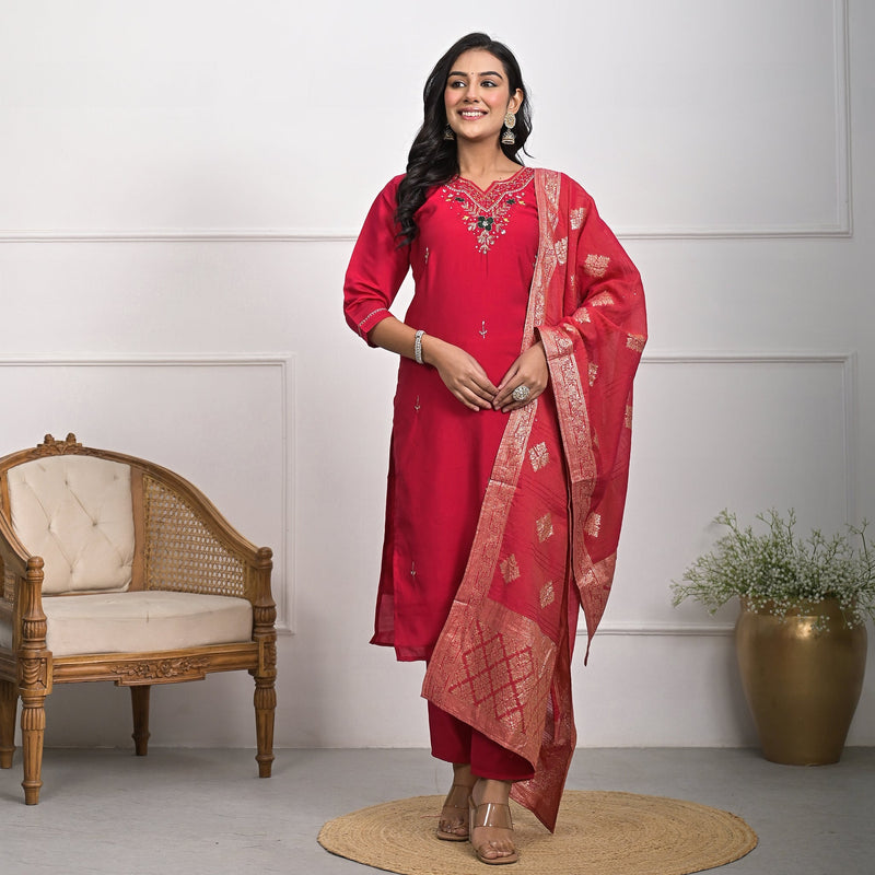 Traditional Roman Silk Red Kurta Set with Dupatta & Pajama