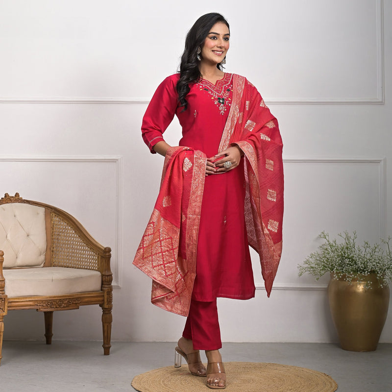 Traditional Roman Silk Red Kurta Set with Dupatta & Pajama