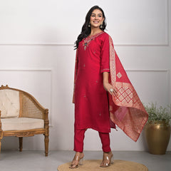 Traditional Roman Silk Red Kurta Set with Dupatta & Pajama