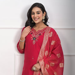 Traditional Roman Silk Red Kurta Set with Dupatta & Pajama