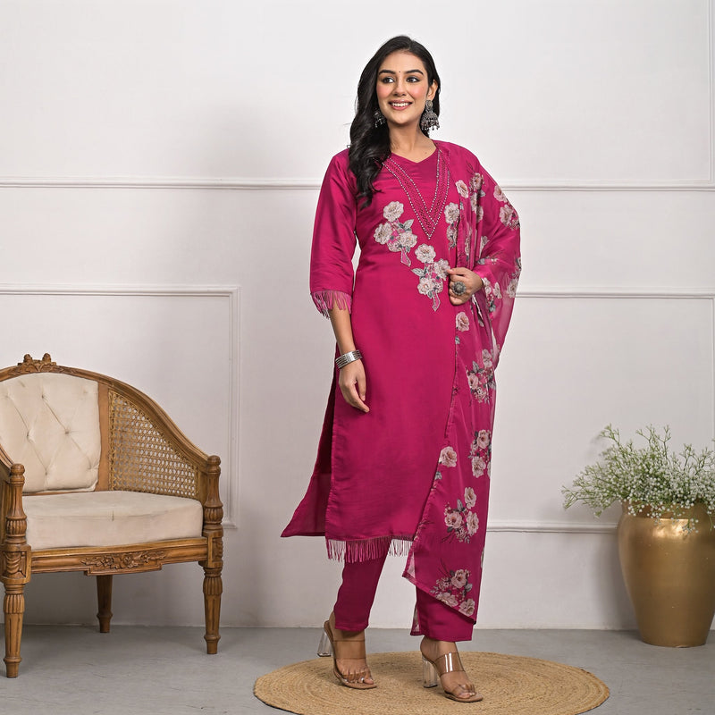 Regal Rani Roman Silk Kurta Set with Dupatta & Pajama