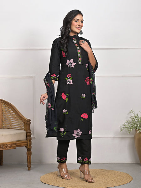 Luxurious Roman Silk Black Kurta Set with Dupatta & Pajama