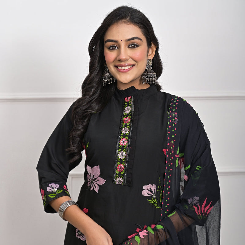 Luxurious Roman Silk Black Kurta Set with Dupatta & Pajama