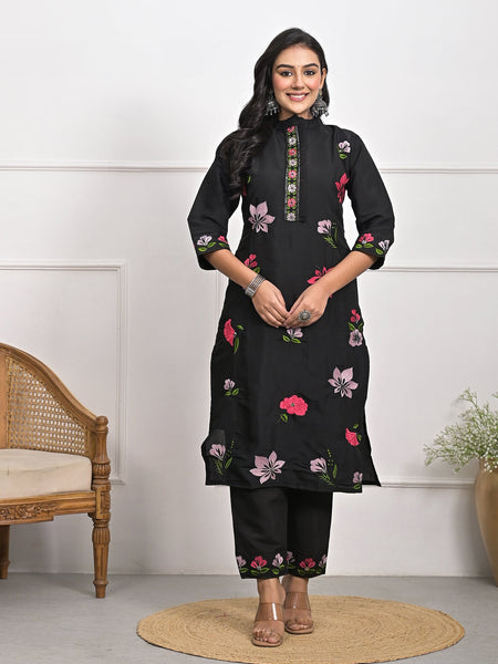 Luxurious Roman Silk Black Kurta Set with Dupatta & Pajama