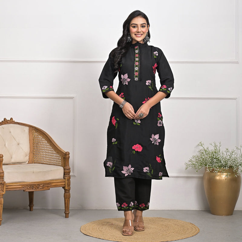 Luxurious Roman Silk Black Kurta Set with Dupatta & Pajama