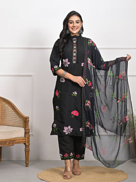 Luxurious Roman Silk Black Kurta Set with Dupatta & Pajama