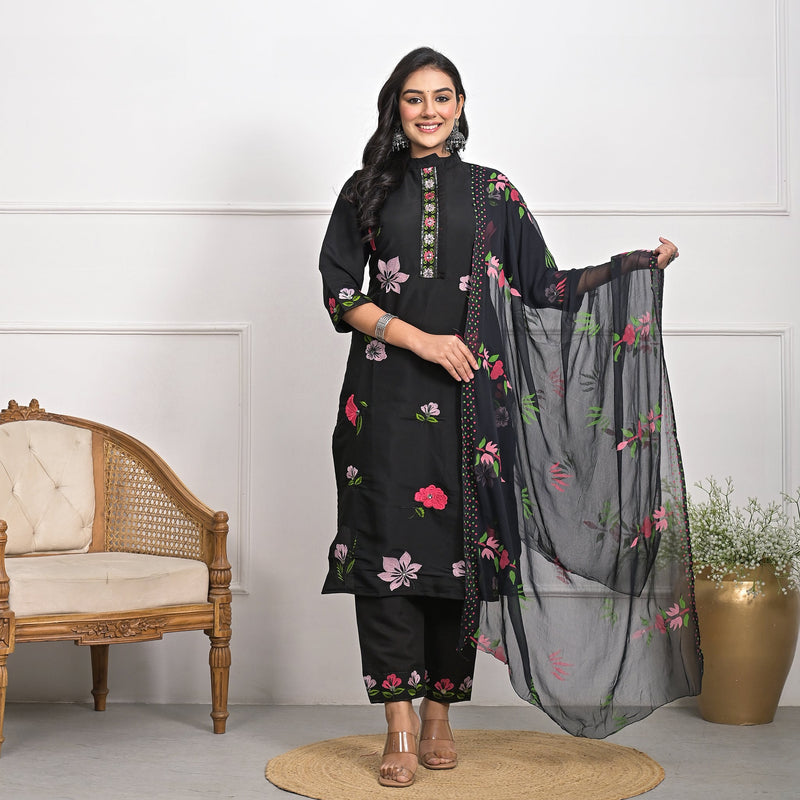 Luxurious Roman Silk Black Kurta Set with Dupatta & Pajama