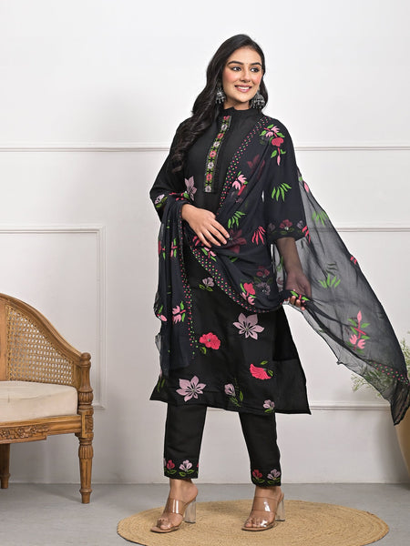 Luxurious Roman Silk Black Kurta Set with Dupatta & Pajama