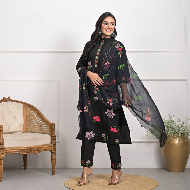 Luxurious Roman Silk Black Kurta Set with Dupatta & Pajama