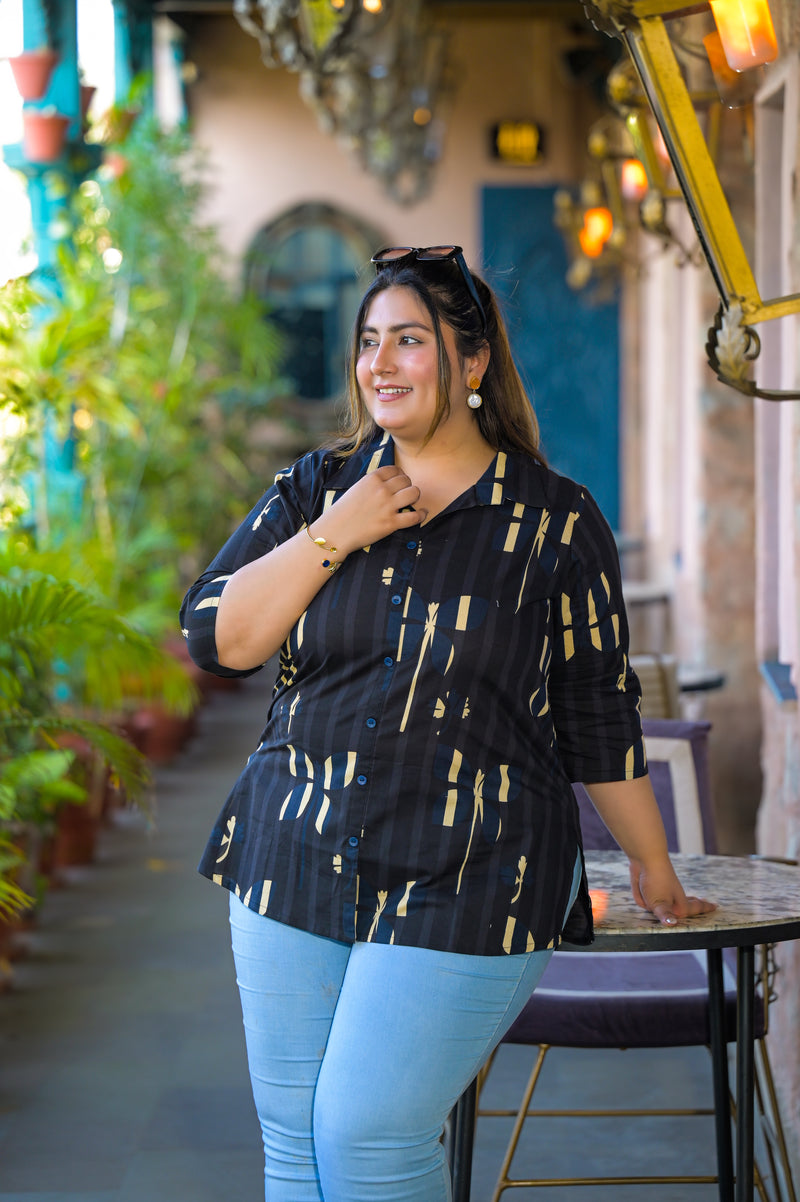 Women Black Cotton Printed Short Top with Collar Neck (Plus Size)