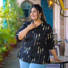 Women Black Cotton Printed Short Top with Collar Neck (Plus Size)