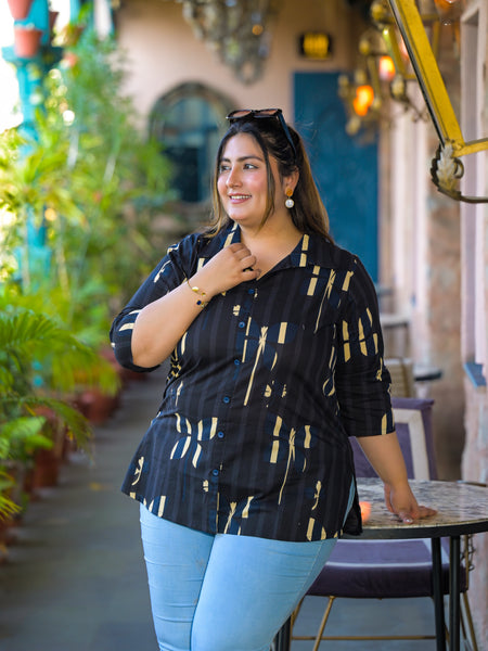 Women Black Cotton Printed Short Top with Collar Neck (Plus Size)