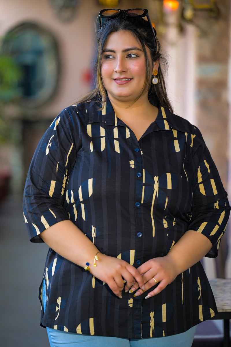 Women Black Cotton Printed Short Top with Collar Neck (Plus Size)