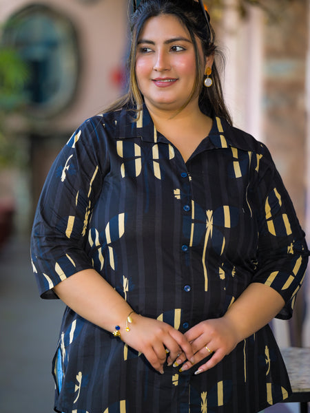 Women Black Cotton Printed Short Top with Collar Neck (Plus Size)