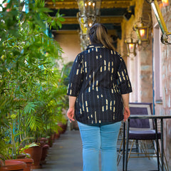 Women Black Cotton Printed Short Top with Collar Neck (Plus Size)