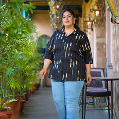 Women Black Cotton Printed Short Top with Collar Neck (Plus Size)
