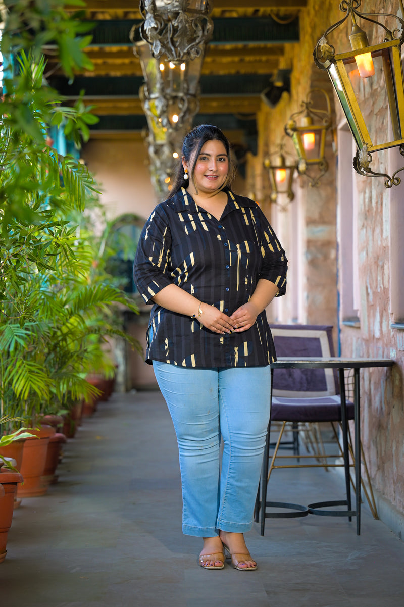 Women Black Cotton Printed Short Top with Collar Neck (Plus Size)