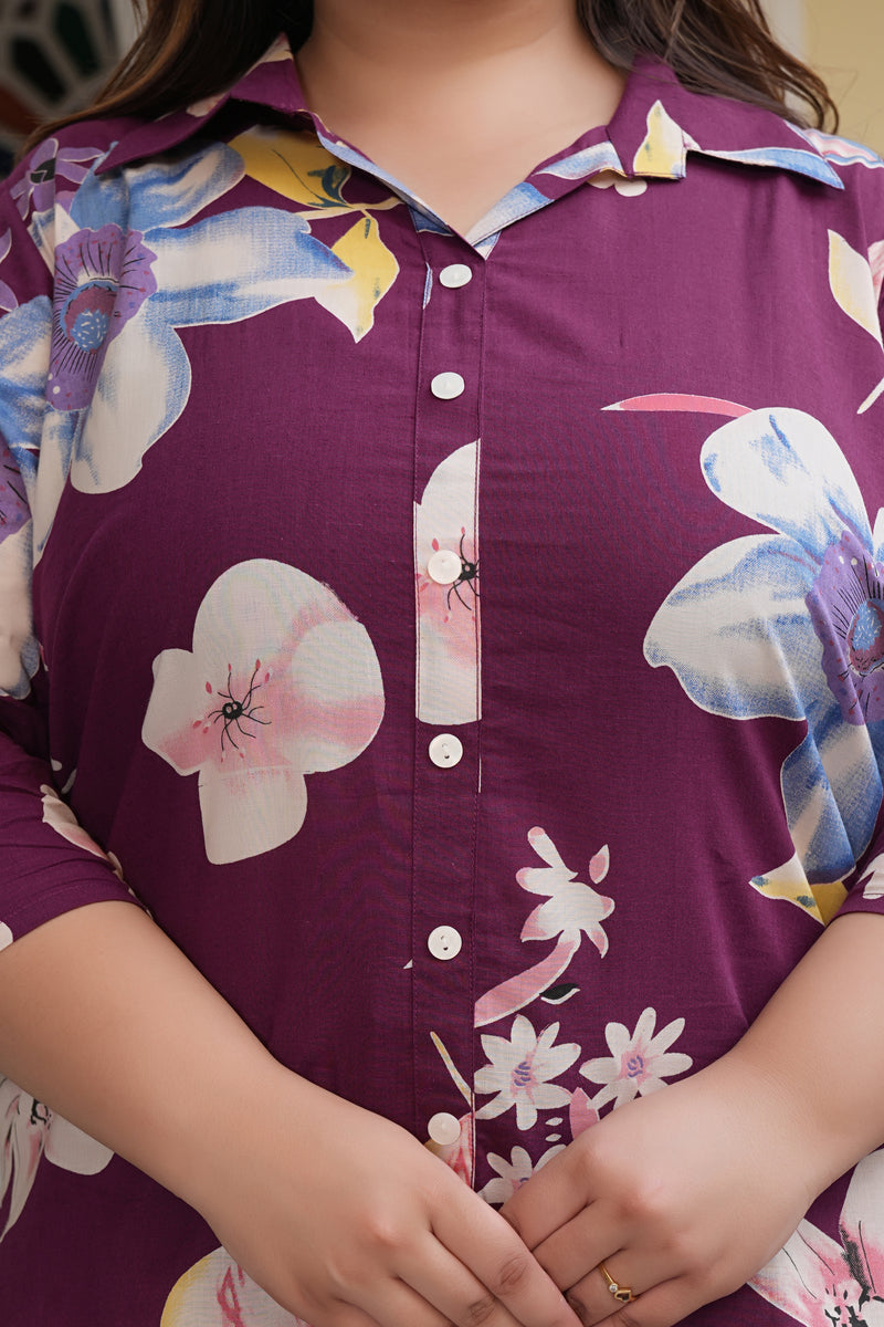 Dark Maroon Cotton Printed Collar Co-Ord Tunic & Pant Set (Plus Size)