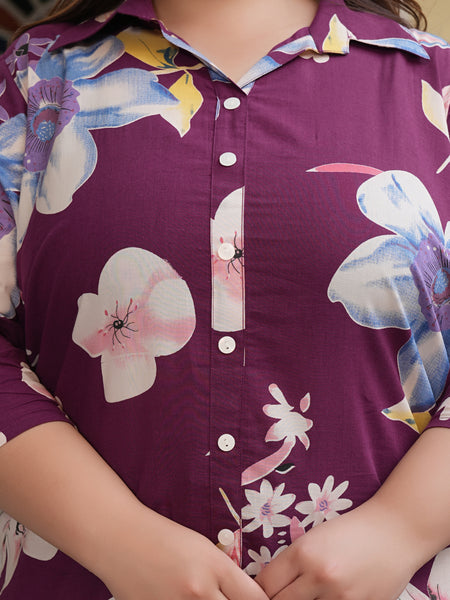 Dark Maroon Cotton Printed Collar Co-Ord Tunic & Pant Set (Plus Size)