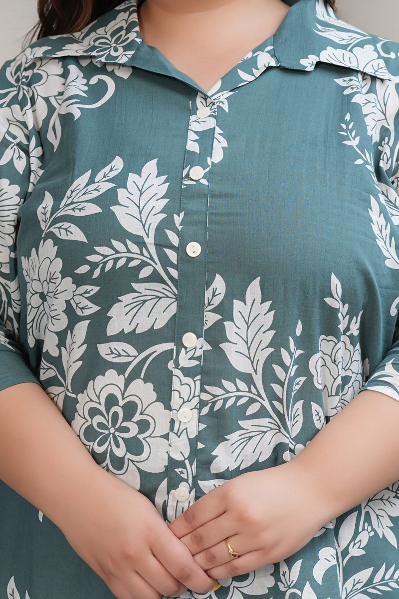 Green Cotton Printed Collar Tunic & Pant Co-Ord Set (Plus Size)