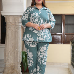 Green Cotton Printed Collar Tunic & Pant Co-Ord Set (Plus Size)