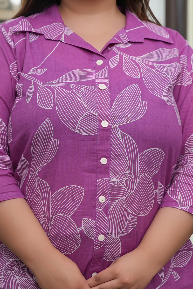 Light Purple Cotton Printed Co-Ord Set (Plus Size)