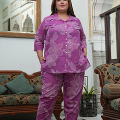Light Purple Cotton Printed Co-Ord Set (Plus Size)