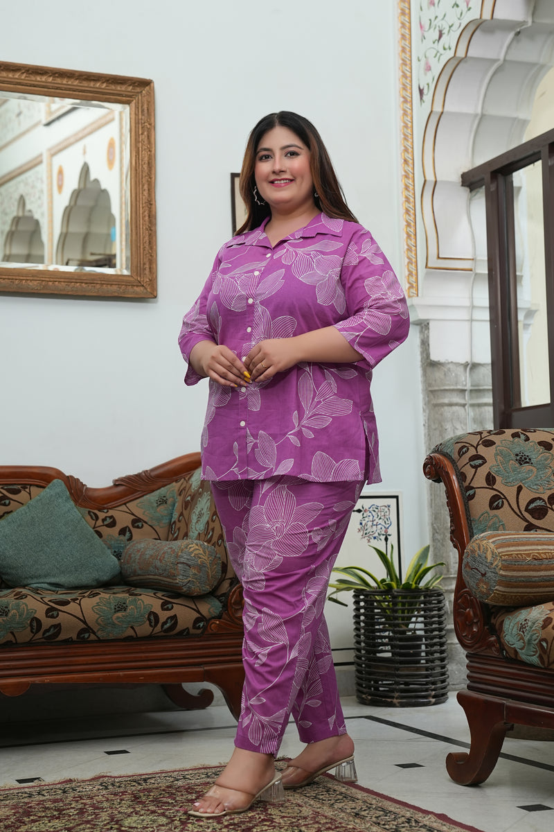 Light Purple Cotton Printed Co-Ord Set (Plus Size)
