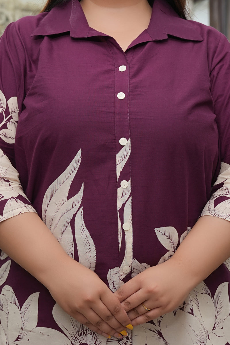 Maroon Cotton Printed Co-Ord Set (Plus Size)