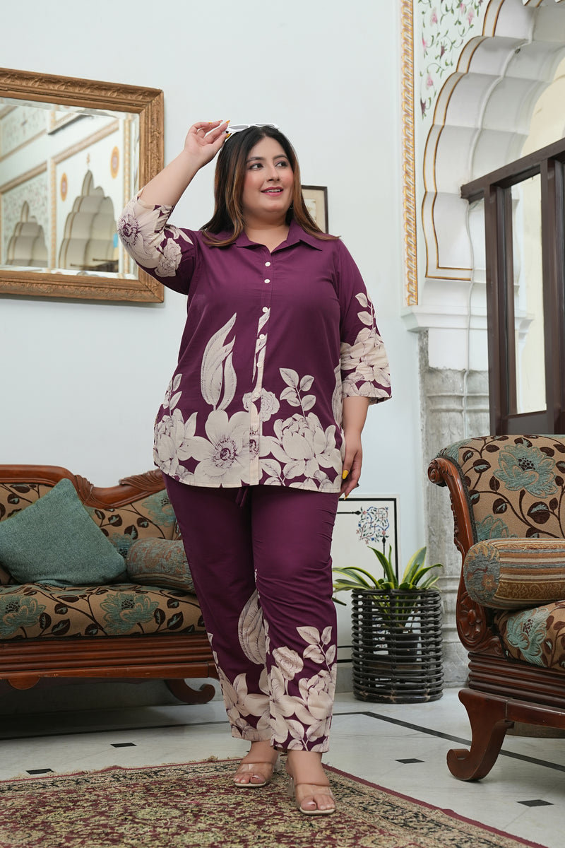 Maroon Cotton Printed Co-Ord Set (Plus Size)
