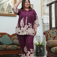 Maroon Cotton Printed Co-Ord Set (Plus Size)