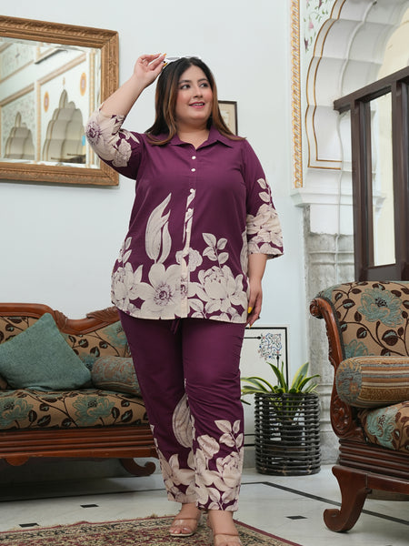 Maroon Cotton Printed Co-Ord Set (Plus Size)