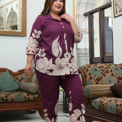 Maroon Cotton Printed Co-Ord Set (Plus Size)