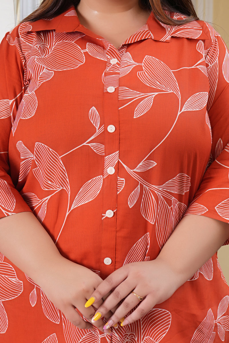 Orange Cotton Printed Tunic & Pant Co-Ord Set (Plus Size)