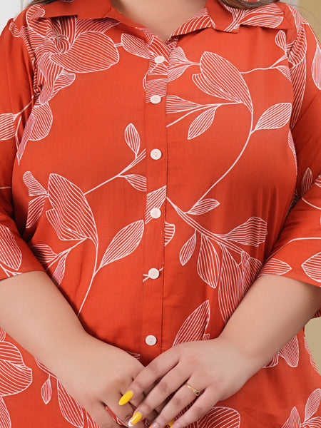 Orange Cotton Printed Tunic & Pant Co-Ord Set (Plus Size)