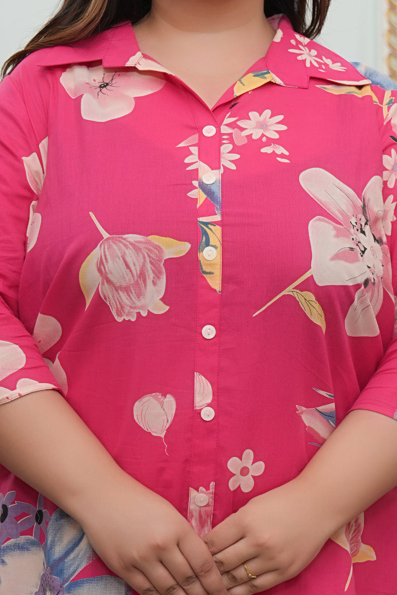 Pink Cotton Printed Co-Ord Set with Collar Neck & Matching Pant (Plus Size)