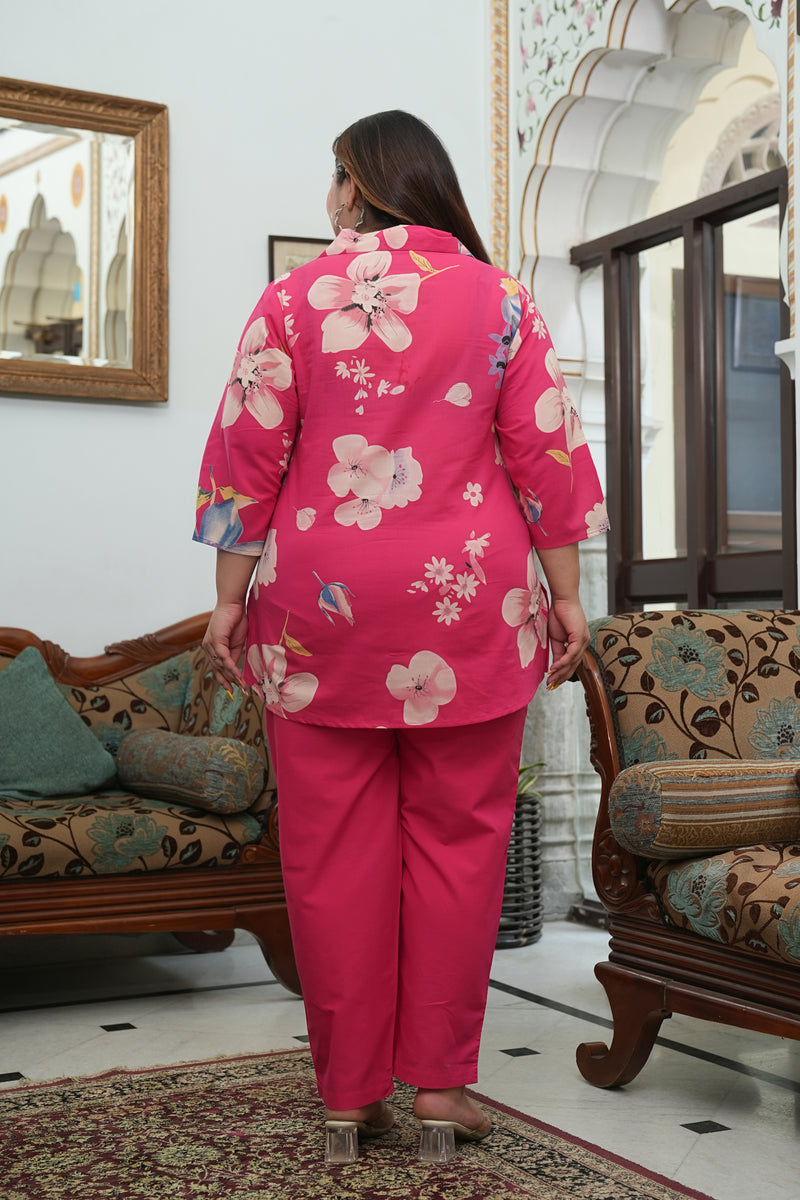 Pink Cotton Printed Co-Ord Set with Collar Neck & Matching Pant (Plus Size)