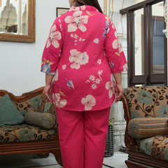 Pink Cotton Printed Co-Ord Set with Collar Neck & Matching Pant (Plus Size)