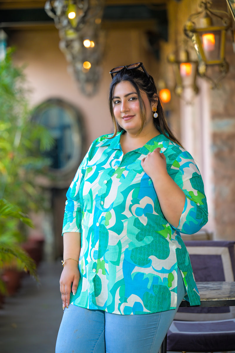Women Teal Cotton Printed Short Top with Collar Neck (Plus Size)