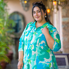 Women Teal Cotton Printed Short Top with Collar Neck (Plus Size)