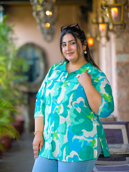 Women Teal Cotton Printed Short Top with Collar Neck (Plus Size)