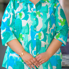 Women Teal Cotton Printed Short Top with Collar Neck (Plus Size)