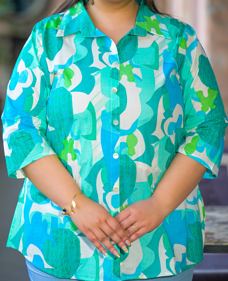 Women Teal Cotton Printed Short Top with Collar Neck (Plus Size)