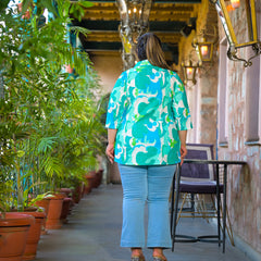 Women Teal Cotton Printed Short Top with Collar Neck (Plus Size)