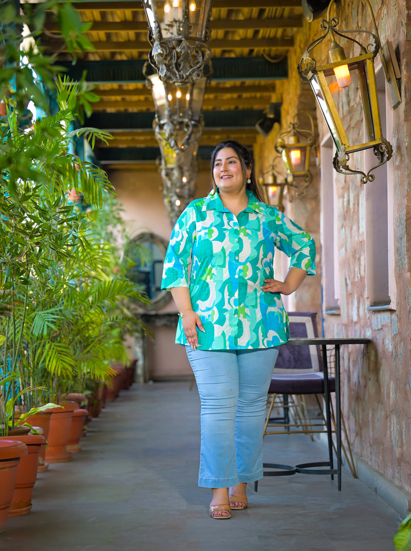 Women Teal Cotton Printed Short Top with Collar Neck (Plus Size)